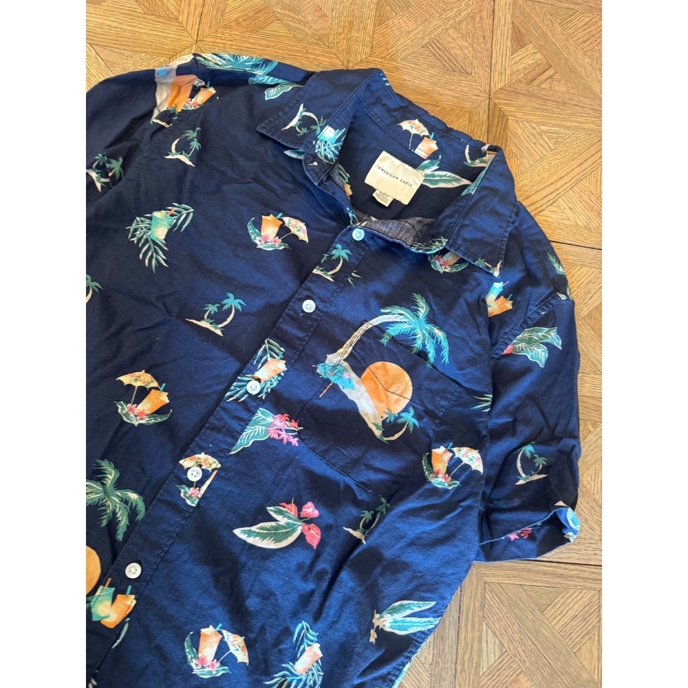 American Eagle Mens Navy Tropical Palm Tree Sunset Cocktail Button Shirt M 15